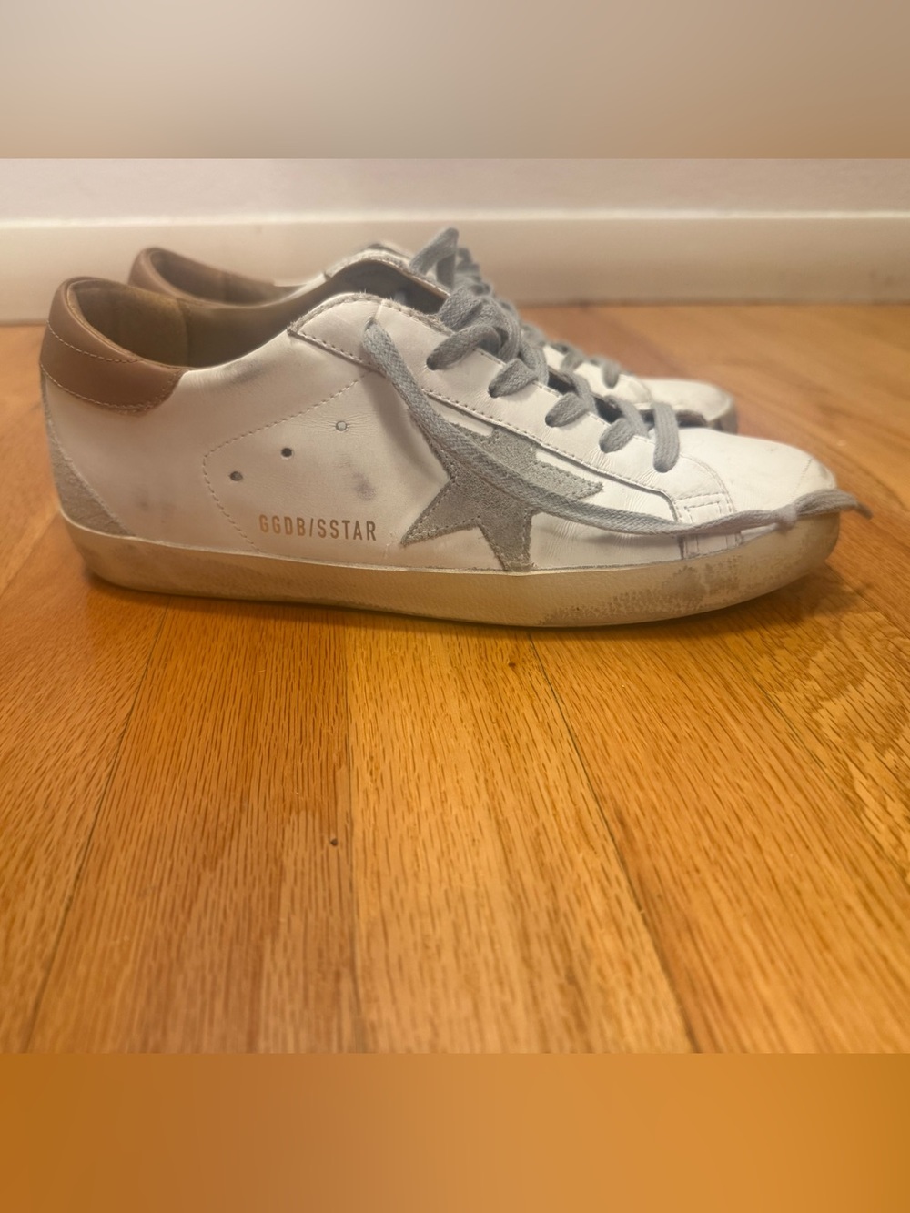 Golden Goose White Leather Sneakers with Gray Star and Tan Heel